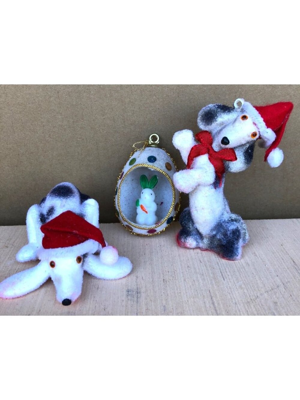 Vintage Egg Diorama Rabbit Bunny Christmas Dog Ornaments Holiday Decor Midcentur